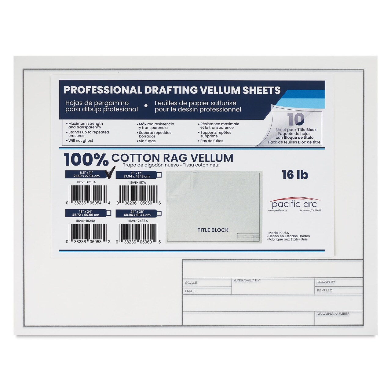 Pacific Arc Drafting Vellum Title Block - White, 8-1/2" x 11", 10 Sheets